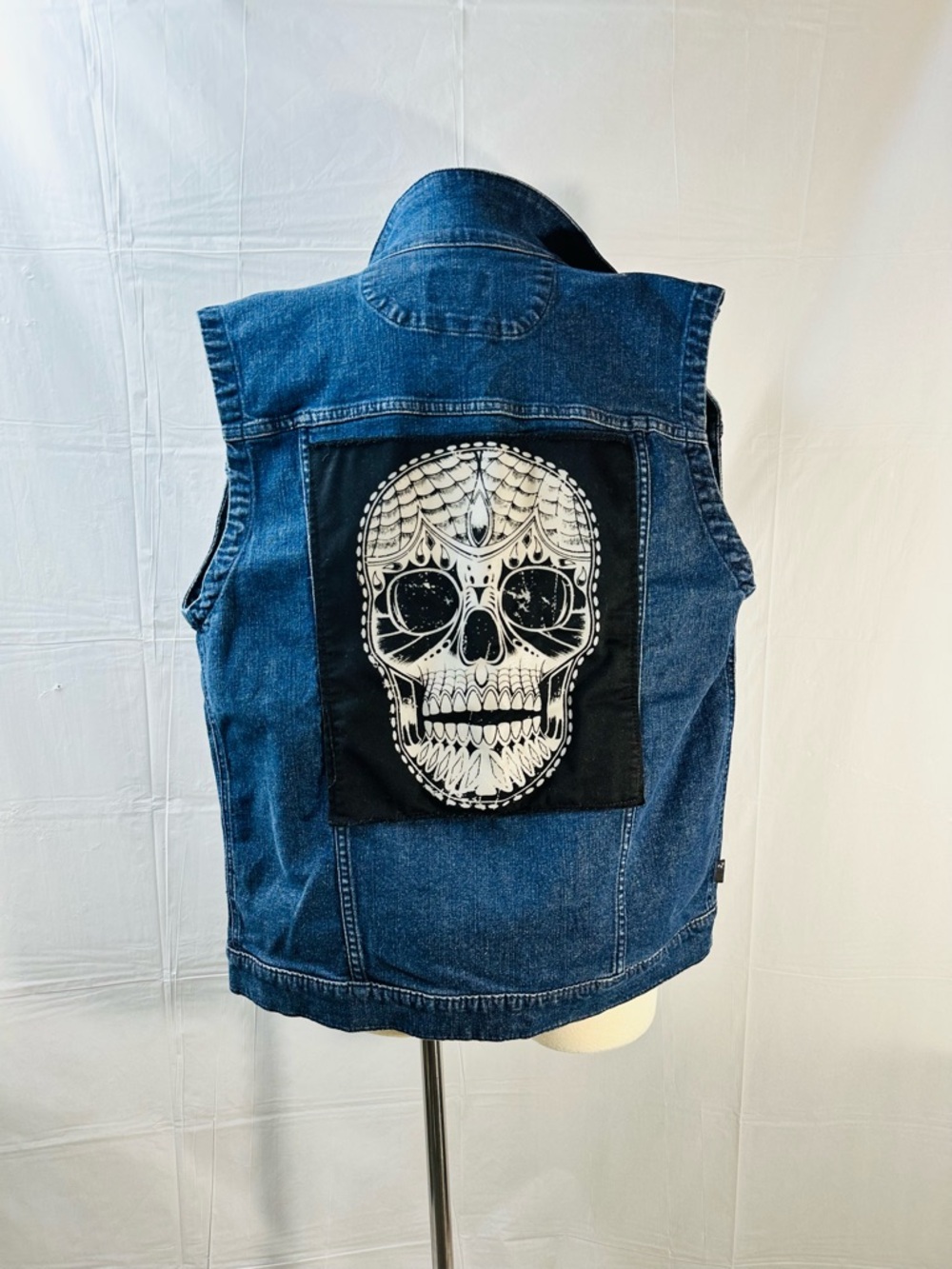 XXX RUDE Denim Mens L Blue Jean Vest Skull Patch Hot Topic Biker Rock